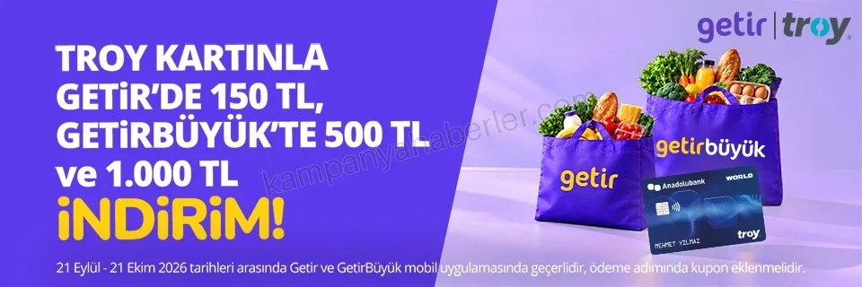 Anadolubank TROY kart sahipleri Getir market alışverişinde 150 TL, GetirBüyük market alışverişinde 500 TL ve 1.000 TL indirim kazanıyor! 2026 — kampanya görseli