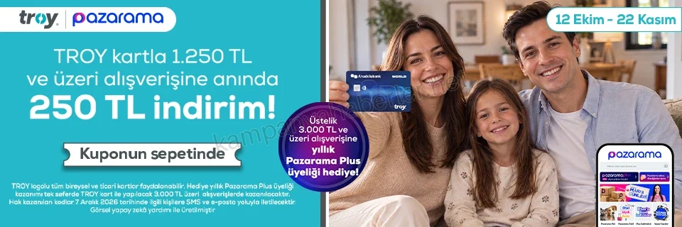 Anadolubank TROY kartla Pazarama’da tek seferde 1.250 TL ve üzeri alışverişe 250 TL indirim, Üstelik 3.000 TL ve üzeri alışverişe 250 TL indirime ek yıllık Pazarama Plus üyeliği hediye! 2026 — kampanya görseli