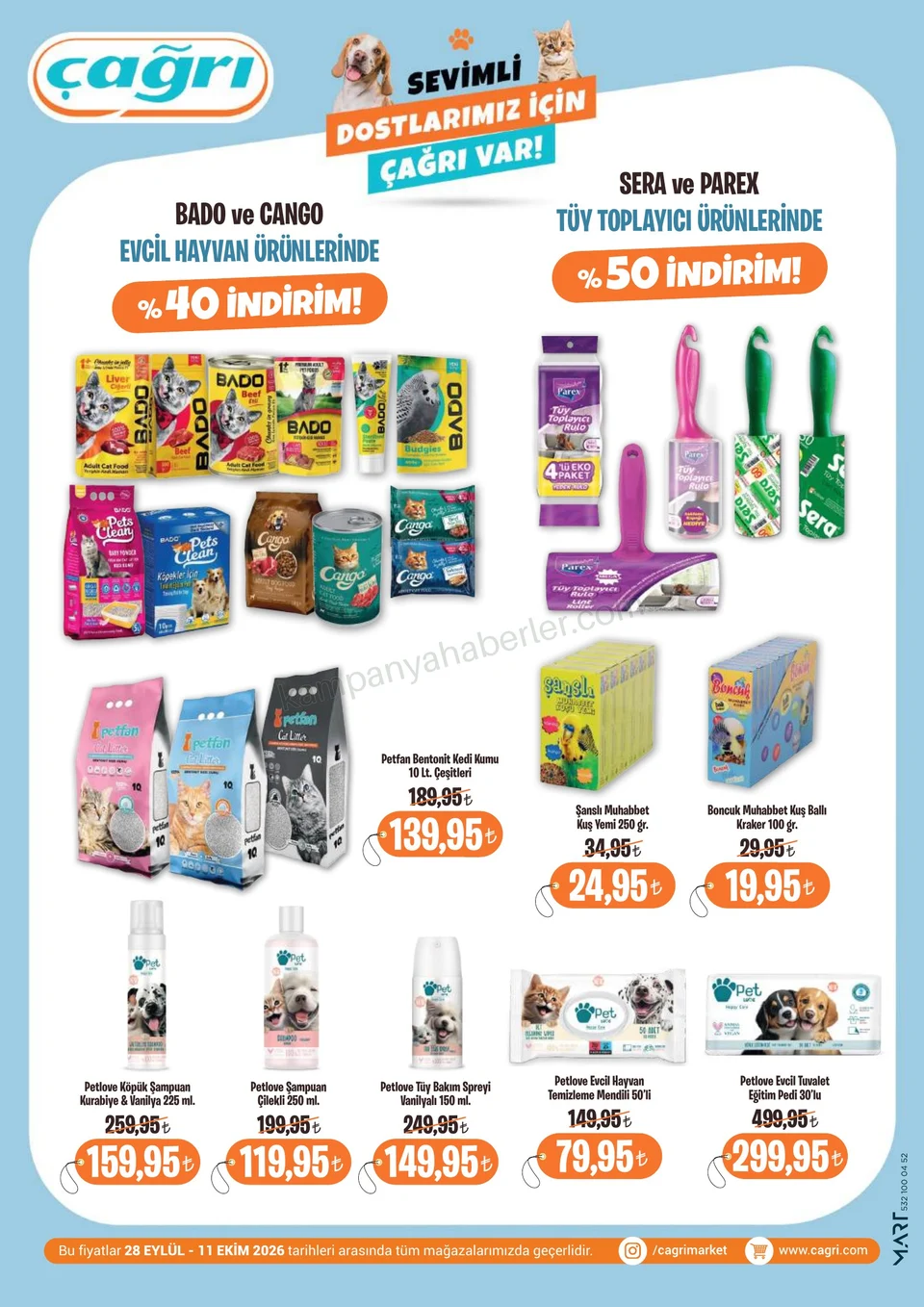 Çağrı Market 28.09.2026 – 11.10.2026 28 Eylül-11 Ekim- Evcil Hayvan Katalog kampanyası — afiş 2