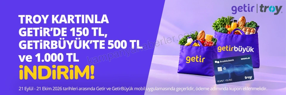 Anadolubank TROY kart sahipleri Getir market alışverişinde 150 TL, GetirBüyük market alışverişinde 500 TL ve 1.000 TL indirim kazanıyor! 2026 — kampanya görseli